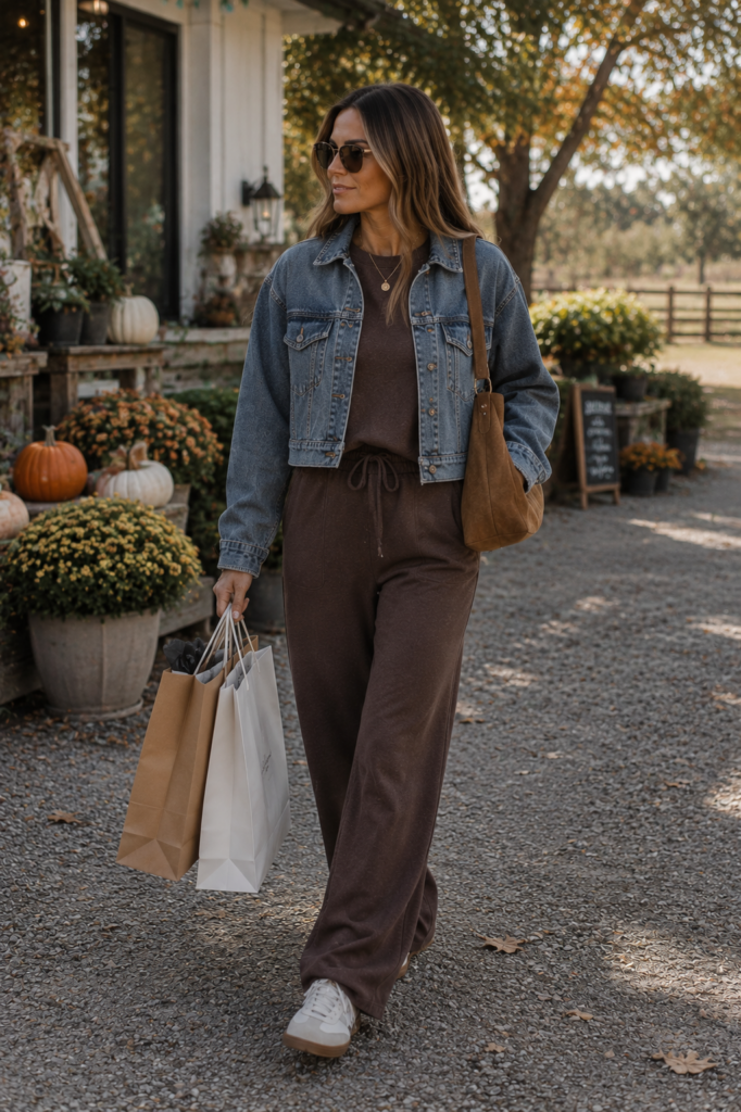 woman running errands in a brown oversized 2 piece lounge set with a cropped denim jacket. She has her hair straight, she's wearing sneakers and mid size suede bag. She has a couple shopping bags in one hand