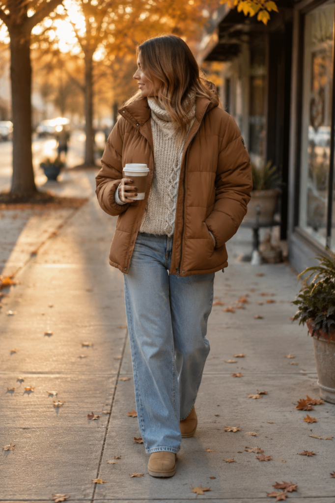 woman walking down the street in fall wearing light wash jeans, oversized sweater and puffy camel coloured jacket holding a coffee