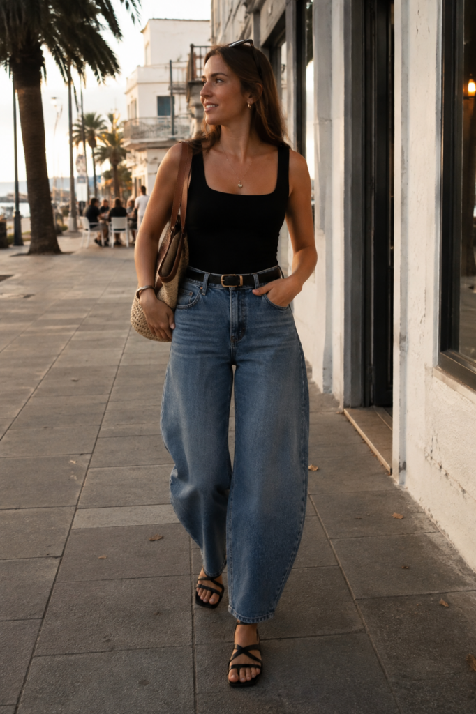 a woman walking down the street early evening lighting wearing barrel jeans and black tank and flat sandals