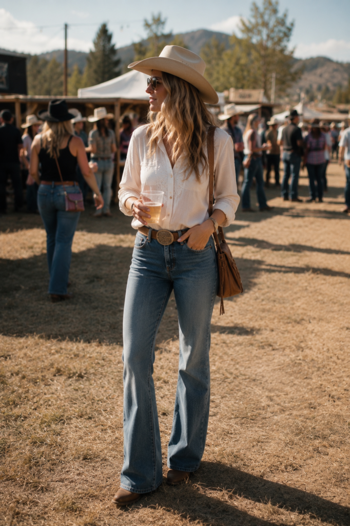 woman at an outdoor western event wearing a western hat with bootcut jeans
