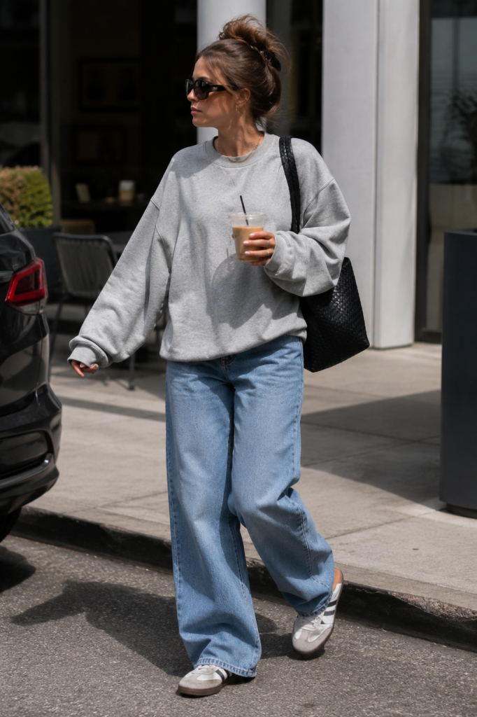 woman walking across the street with a coffee in hand and wearing an over sized sweatshirt and baggy jeans