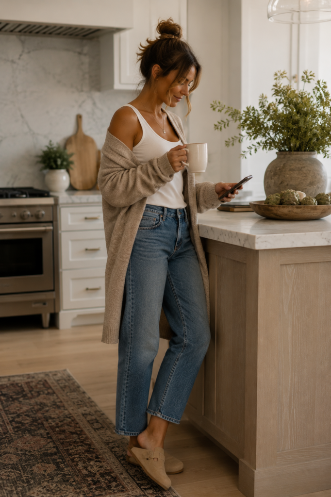 woman in straight cropped jeans, at home in her kitchen drinking a coffee at the island. She's looking at her phone on the counter. She's in a white tank and longer open beige cardigan sweater off one shoulder.