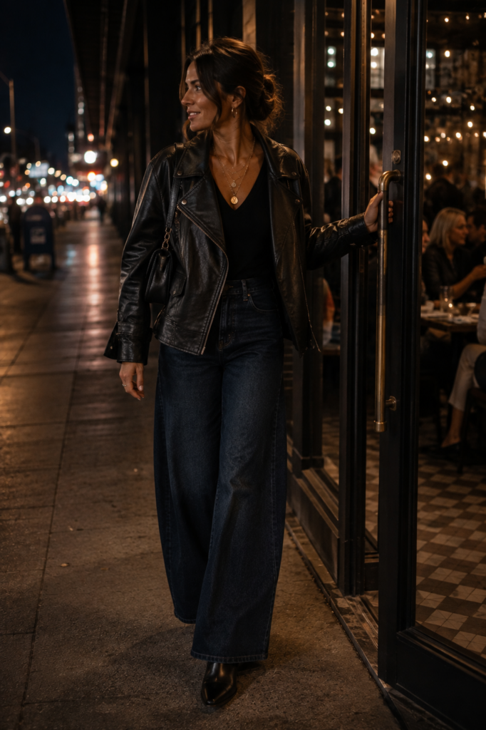 a woman walking at night to a restaurant to meet friends, city vibe. She has a moto type leather jacket oversized open in front, a black v neck shirt, gold layered necklaces and hoop earrings, small black purse on her shoulder and wearing wide leg dark denim jeans and black boots