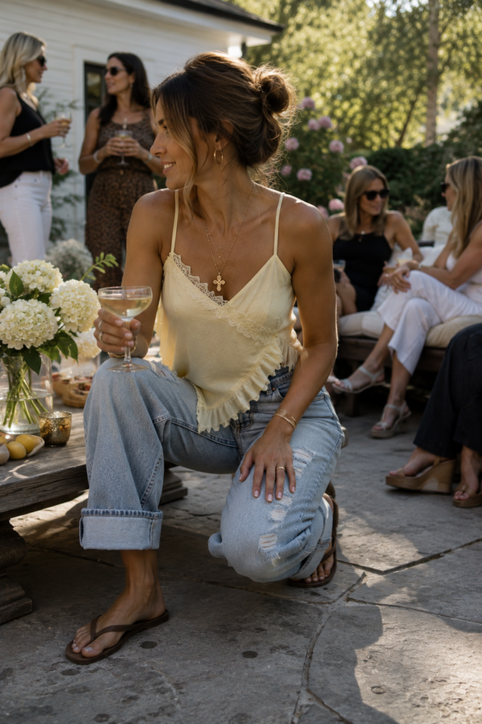 a woman in cuffed lightly distressed jeans, on one knee, a lacey hem ascymetical butter spaghetti strap yellow top, and flip flops, afternoon backyard party setting with friends in the background
