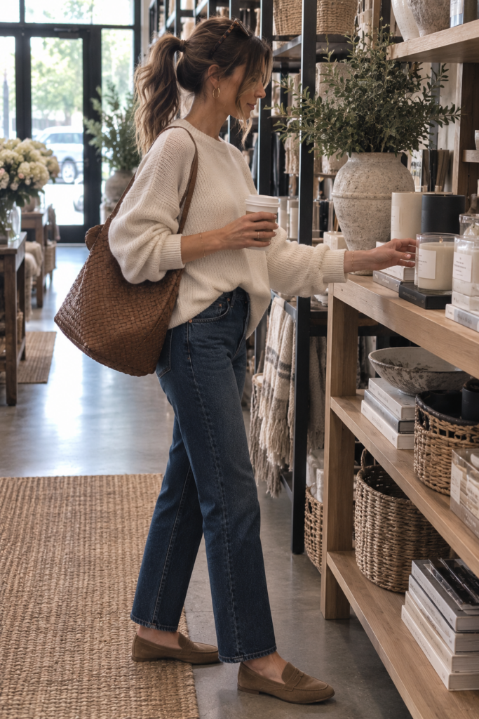 woman shopping in the morning in a dark denim pair of straight leg jeans, lightweight knit cream colour sweater oversized, tucked in the front of her jeans , side view, hair in a pony