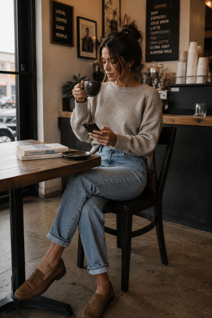 a woman in jeans and cozy sweater having coffee in a shop reading a book or on her phone