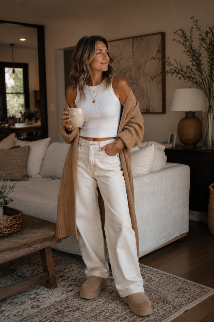 image of a mature woman in cream puddle jeans, slightly cropped white ribbed tank top, longer camel open cardigan off the shoulder wearing suede slip on cozy platform style shoes.