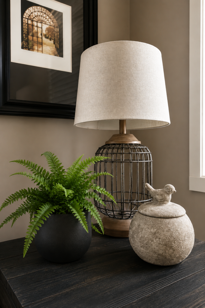 DIY aged pottery makeover styled with a fern, neutral table lamp and decorative bird jar on a dark wood table.