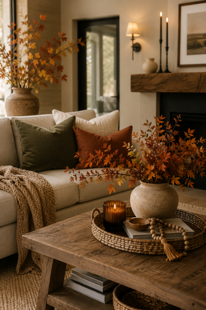 Cozy neutral fall living room decorated with rust and olive pillows, textured throw, warm wood, candles and autumn branches for subtle seasonal color.