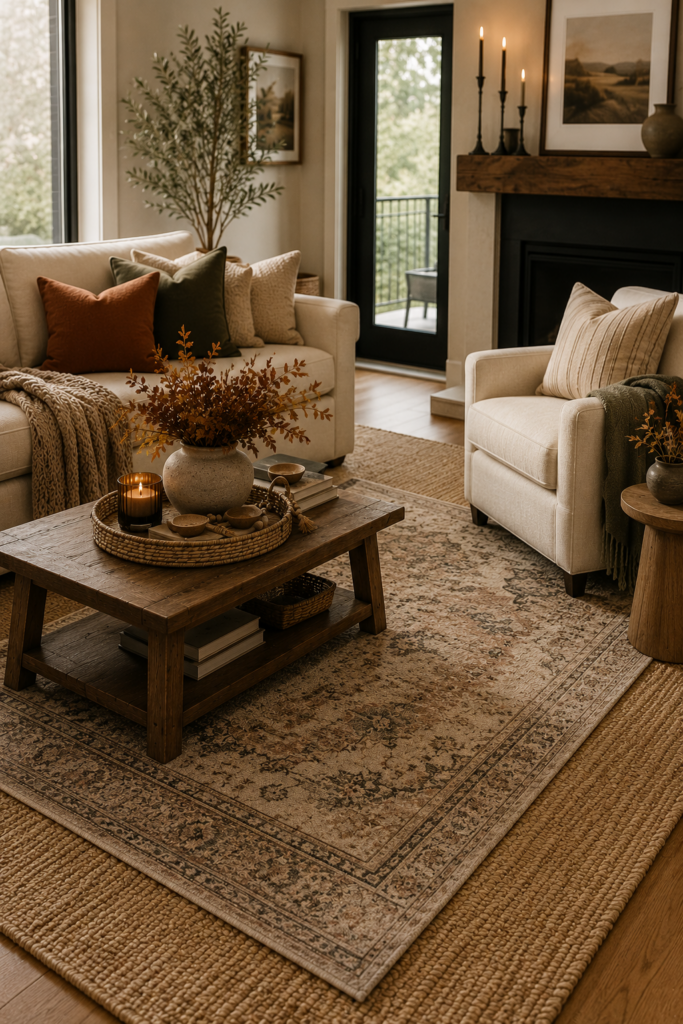 Cozy neutral living room with a patterned area rug layered over a natural jute rug, warm wood furniture and subtle fall decor.