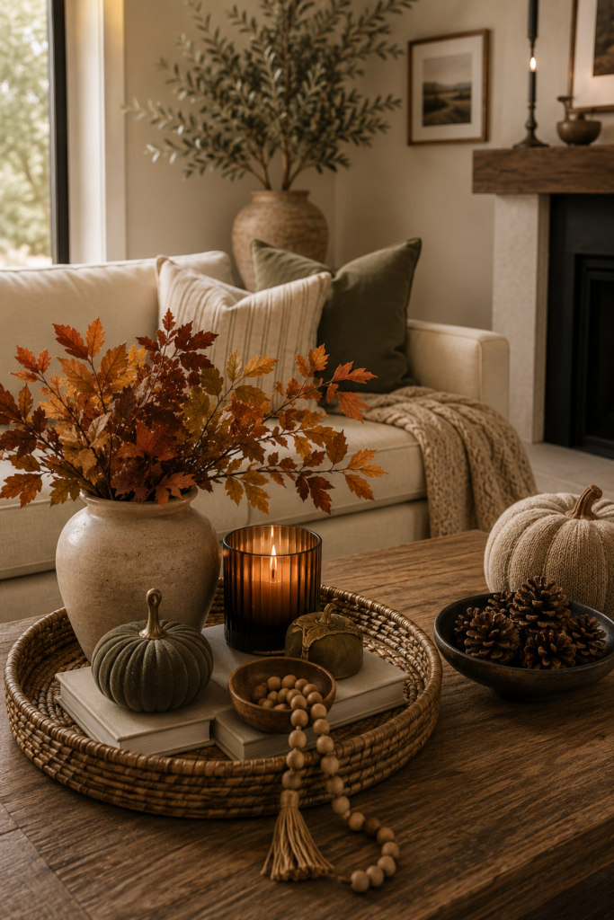 Warm fall coffee table styled with wood accents, woven tray, neutral pumpkins, autumn stems and a candle in a cozy neutral living room.