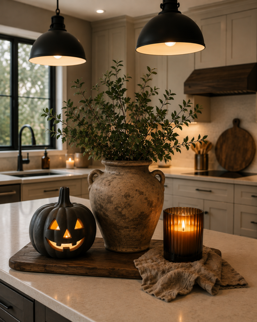 Neutral kitchen island styled for fall with a charcoal ceramic pumpkin, green leafy stems in a rustic vase, amber candle and warm black pendant lighting.