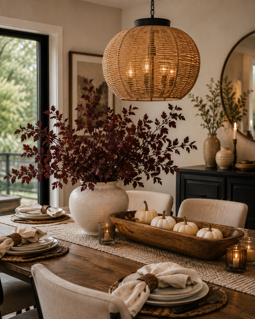 Fall dining table with burgundy stems in a large cream ceramic vase, mini white pumpkins in a rustic wood bowl and a woven rattan pendant light.