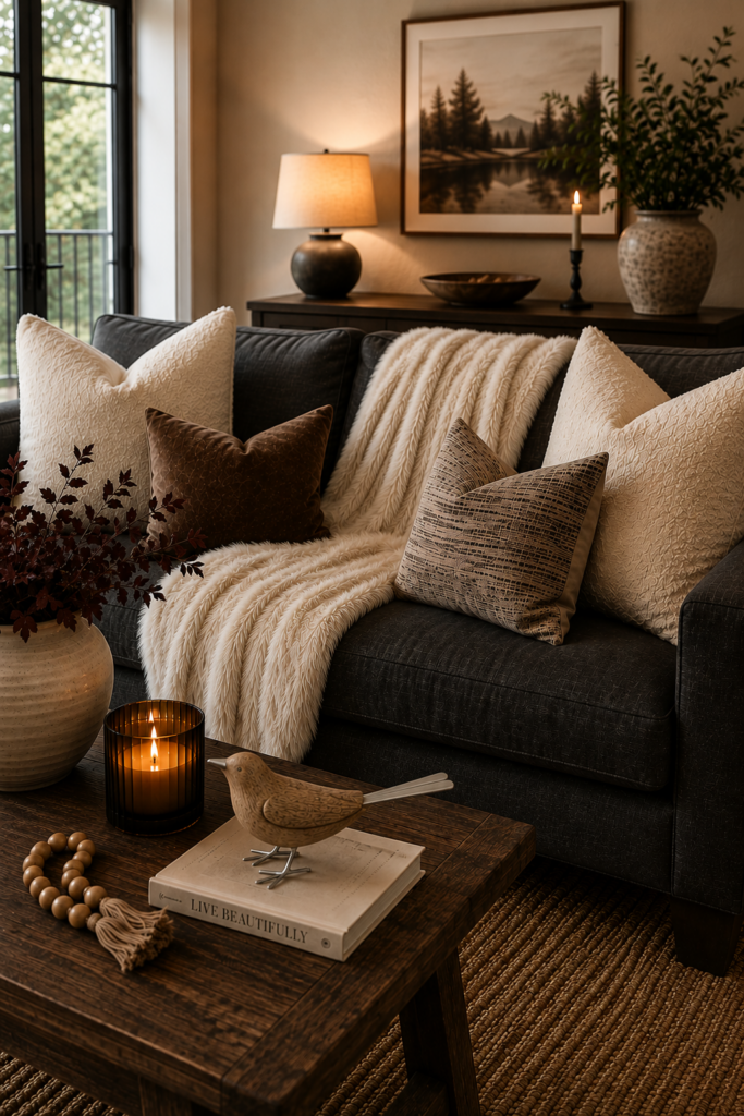 Dark grey sofa styled for fall with large cream pillows, smaller neutral accent pillows, a soft cream fur throw, warm candlelight and wood decor.