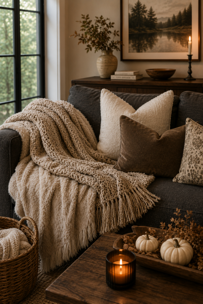 Cozy fall living room with layered cream and chunky knit throw blankets on a dark grey sofa, neutral pillows, woven basket and warm candlelight.
