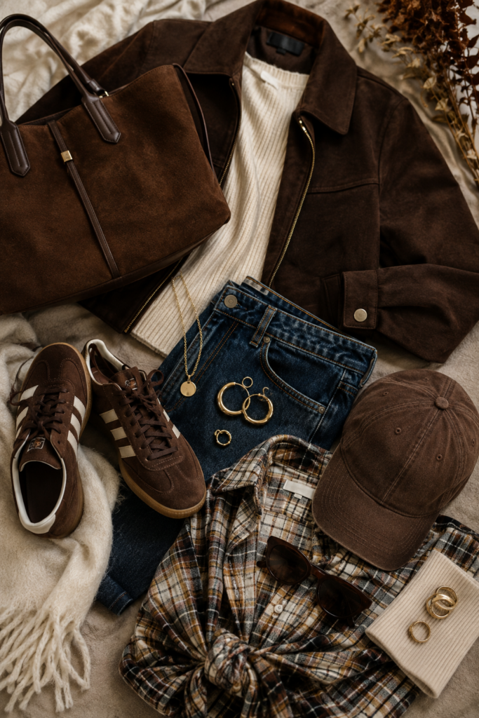 Fall fashion flat lay featuring an espresso brown suede jacket and handbag, dark wash jeans, cream knit sweater, brown suede sneakers, plaid shirt, baseball cap and gold jewelry.
