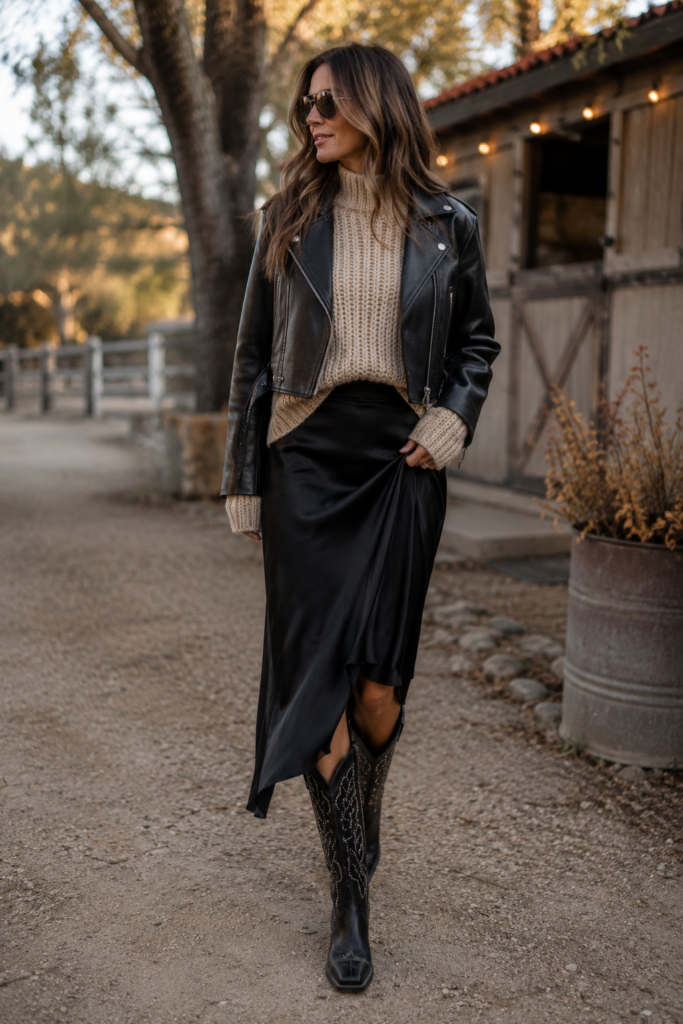 Woman wearing a black satin midi skirt, oversized cream chunky knit sweater, cropped black faux leather moto jacket and embellished black western boots in an outdoor fall setting.