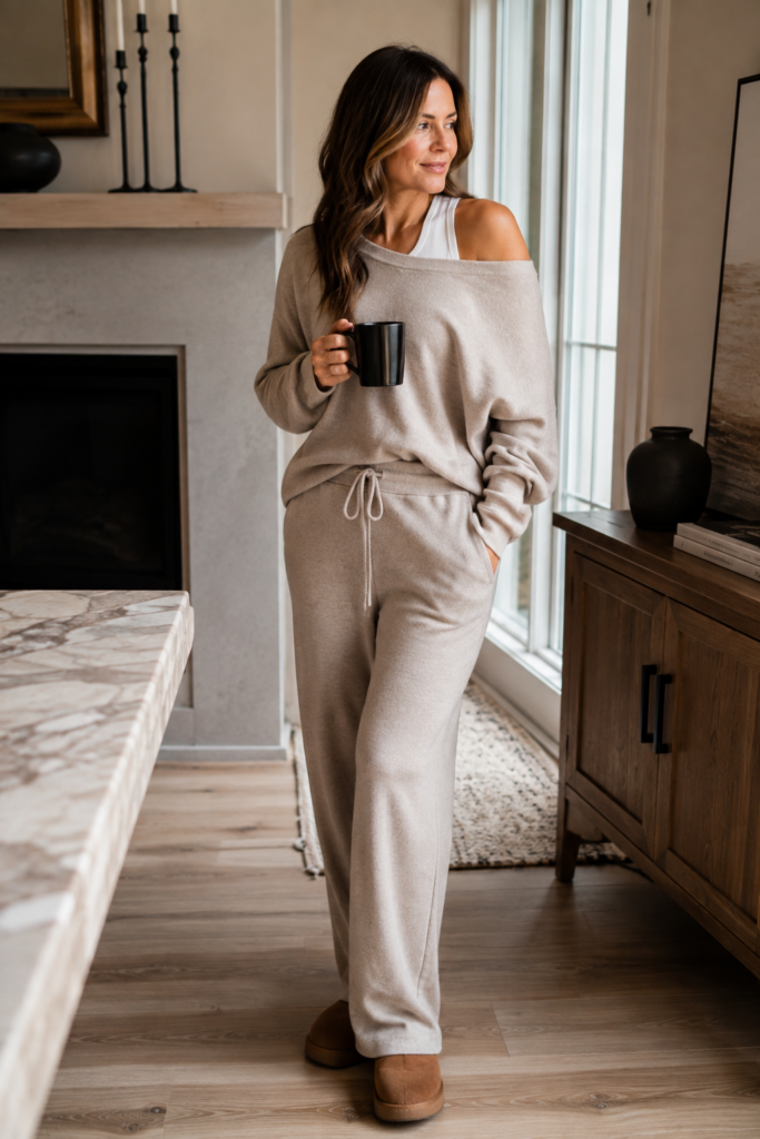 Woman wearing a neutral two-piece lounge set with wide-leg sweatpants, white tank and off-the-shoulder sweater while holding a coffee mug in a cozy modern living room.