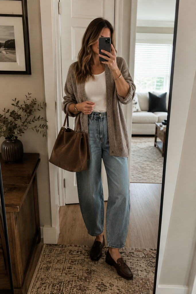 Woman taking a mirror selfie in her entryway wearing barrel jeans, a white tank, oversized taupe cardigan and brown loafers while carrying a brown suede handbag.
