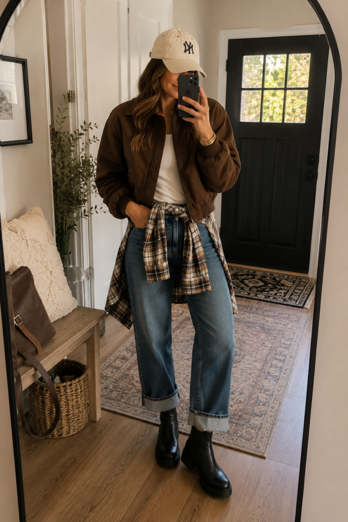 Woman taking a mirror selfie wearing a brown cropped bomber jacket, cuffed wide-leg jeans, black Chelsea boots, cream baseball cap and plaid shirt tied around her waist.