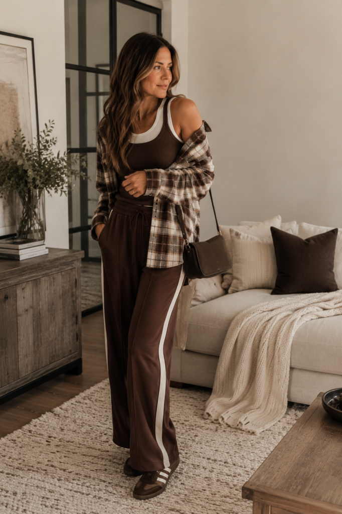 Woman wearing chocolate brown wide-leg sweatpants with white side stripes, layered brown and white tanks, an oversized plaid shirt and brown sneakers with a crossbody bag.