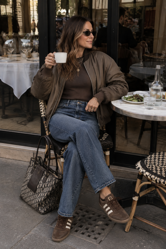 Woman at an outdoor café wearing wide-leg jeans, a brown ribbed long-sleeve top, casual bomber jacket, brown sneakers and silver jewelry with a statement tote bag.
