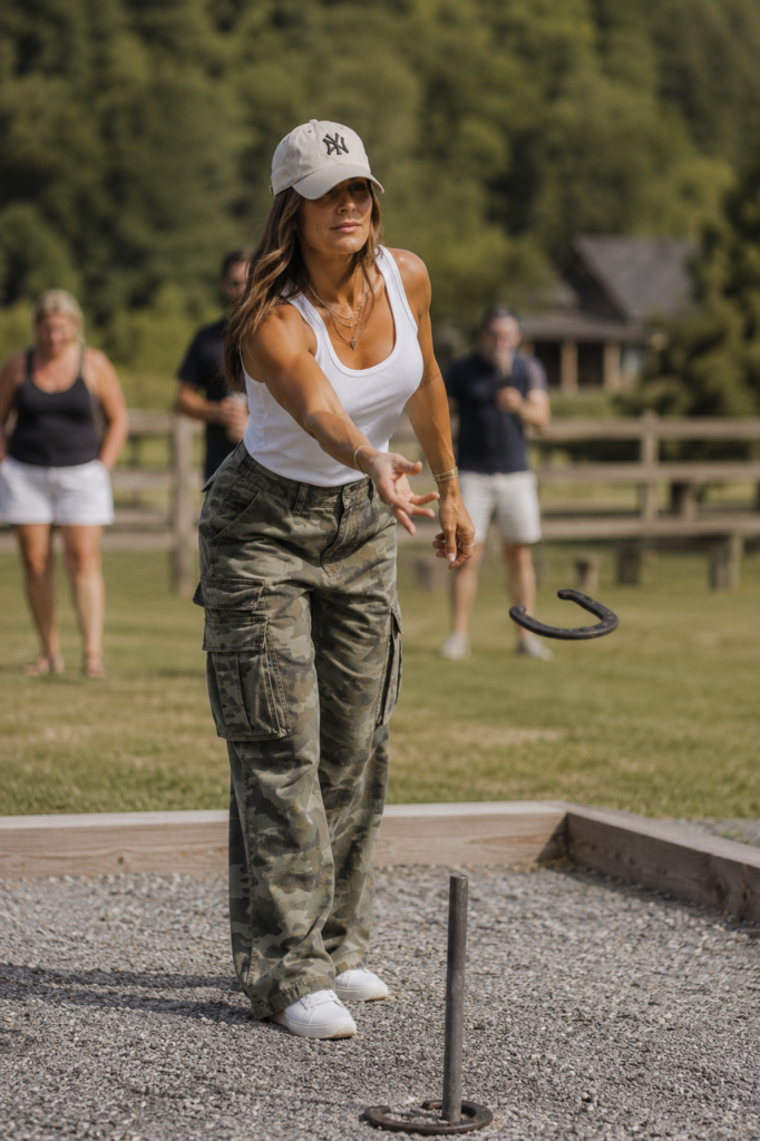 Woman playing horseshoes outdoors wearing camo cargo pants, a white tank top, white sneakers and a cream baseball cap with friends blurred in the background.