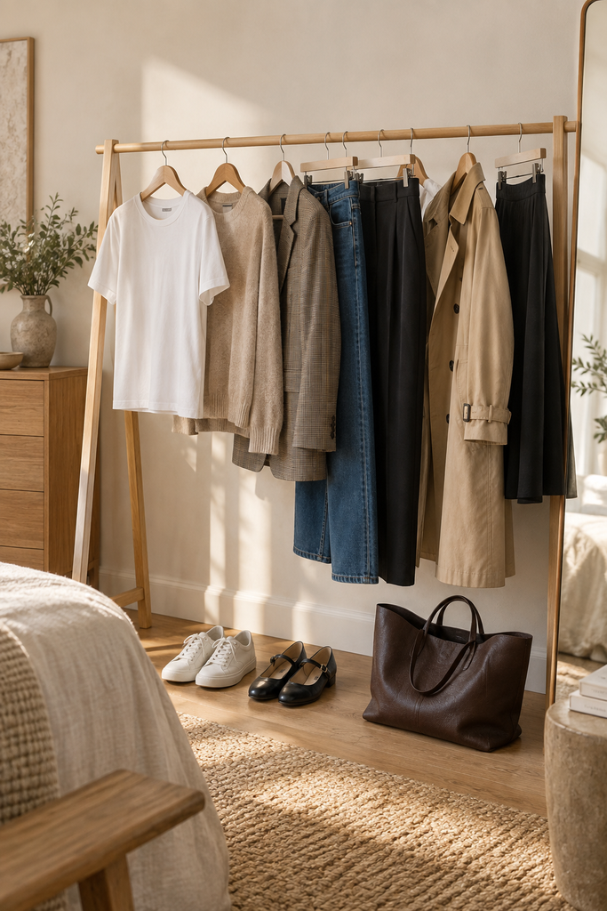 Capsule wardrobe displayed on a wooden clothing rack with a white T-shirt, neutral knit, blazer, denim, tailored trousers, camel trench coat and black skirt, styled with sneakers, Mary Jane flats and a brown tote bag.