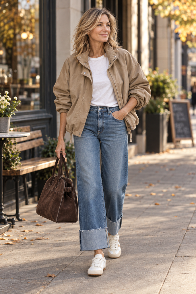 Woman wearing a white T-shirt, oversized beige bomber jacket, cuffed wide-leg jeans and low-profile sneakers while carrying a brown suede bag on a city sidewalk.