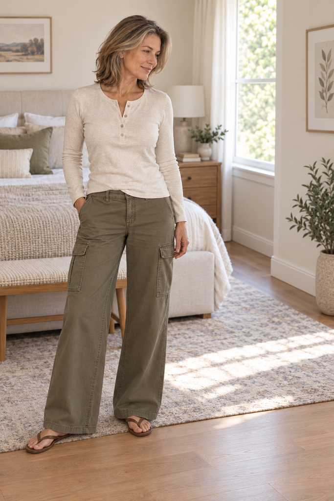 Woman wearing an ivory long-sleeve Henley shirt, olive wide-leg cargo pants and brown flip-flops in a warm neutral bedroom.