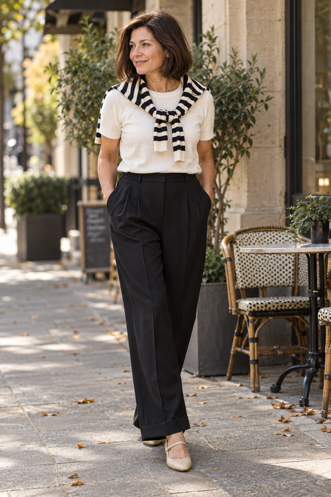 Woman wearing black tailored trousers, an ivory top and a black-and-white striped sweater draped over her shoulders with beige Mary Jane flats.