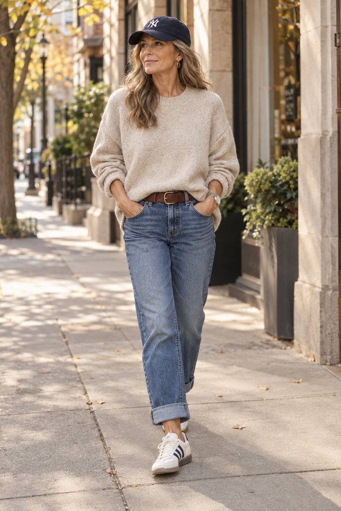 Woman wearing an oversized oatmeal sweater, cuffed jeans, a brown leather belt, Adidas sneakers and a navy New York Yankees baseball cap on a sunny fall day.