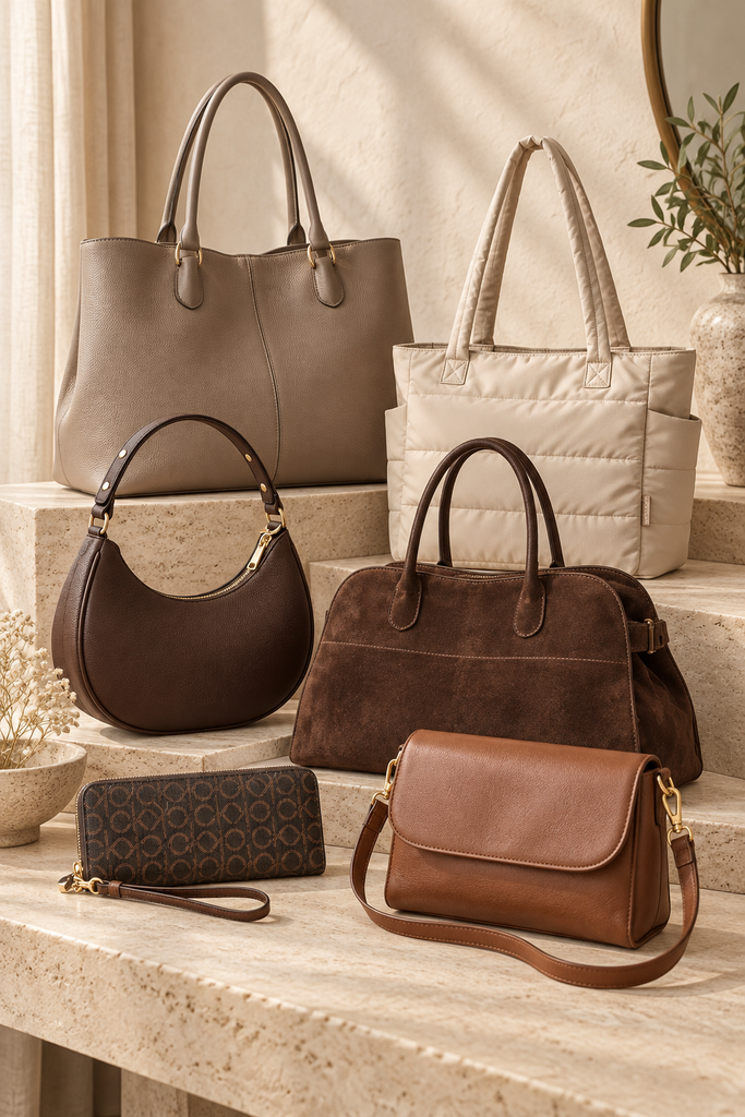Collection of neutral handbags arranged on stone shelves, including leather and nylon totes, a crescent shoulder bag, suede carryall, wristlet wallet and brown crossbody bag.