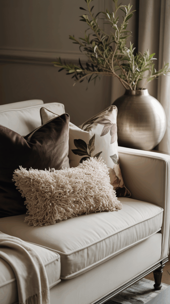 plush layered pillows on a neutral couch