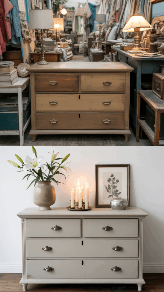 Before and after of a thrifted dresser