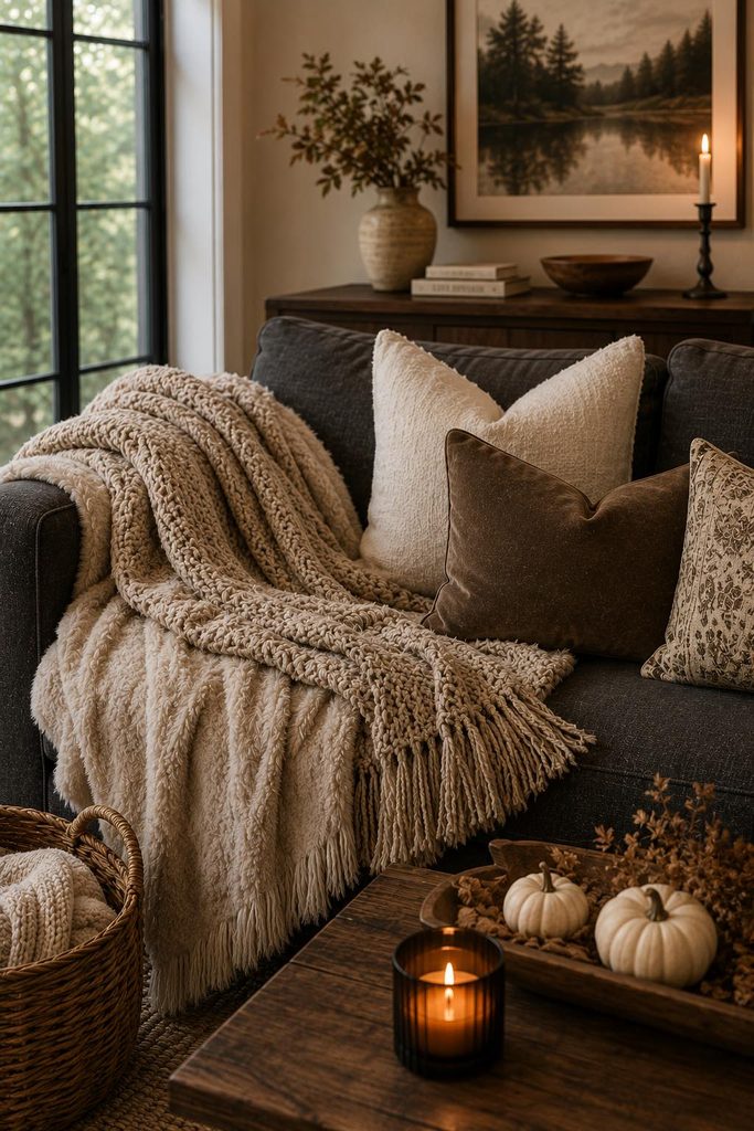 cozy pillows and a throw blanket styled on a couch 