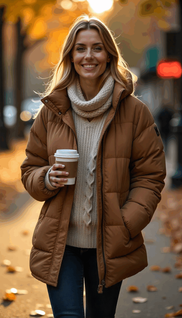 woman walking with a coffee in nice autumn day