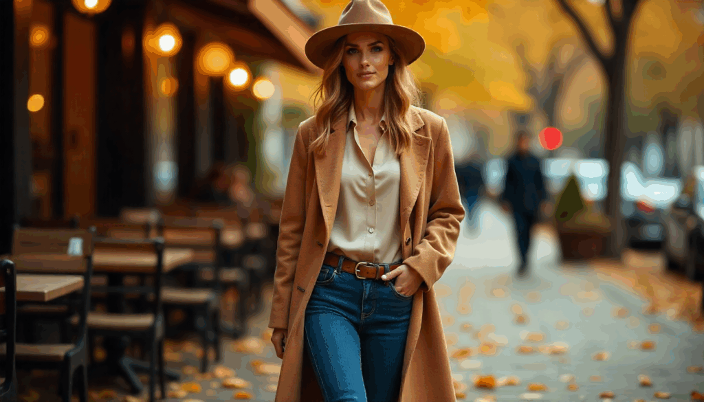 stylish hat with camel coat and long boots