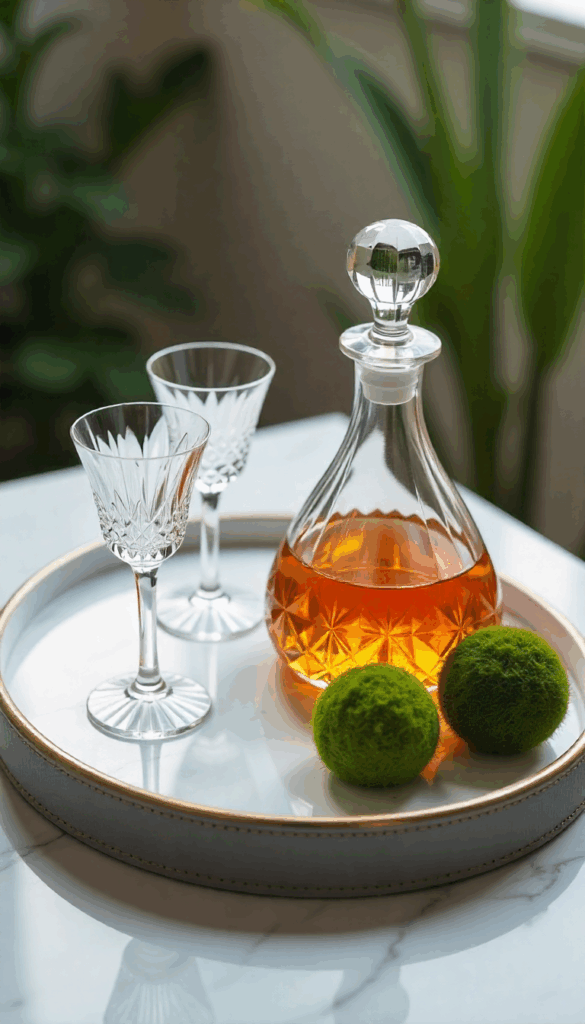decanter and stemware displayed on a marble table