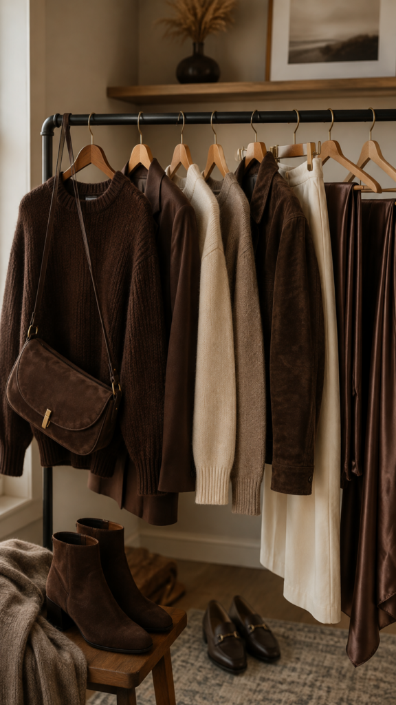 Espresso brown fall fashion wardrobe with chocolate brown sweaters, suede jacket, cream neutrals, brown handbag, ankle boots and loafers.