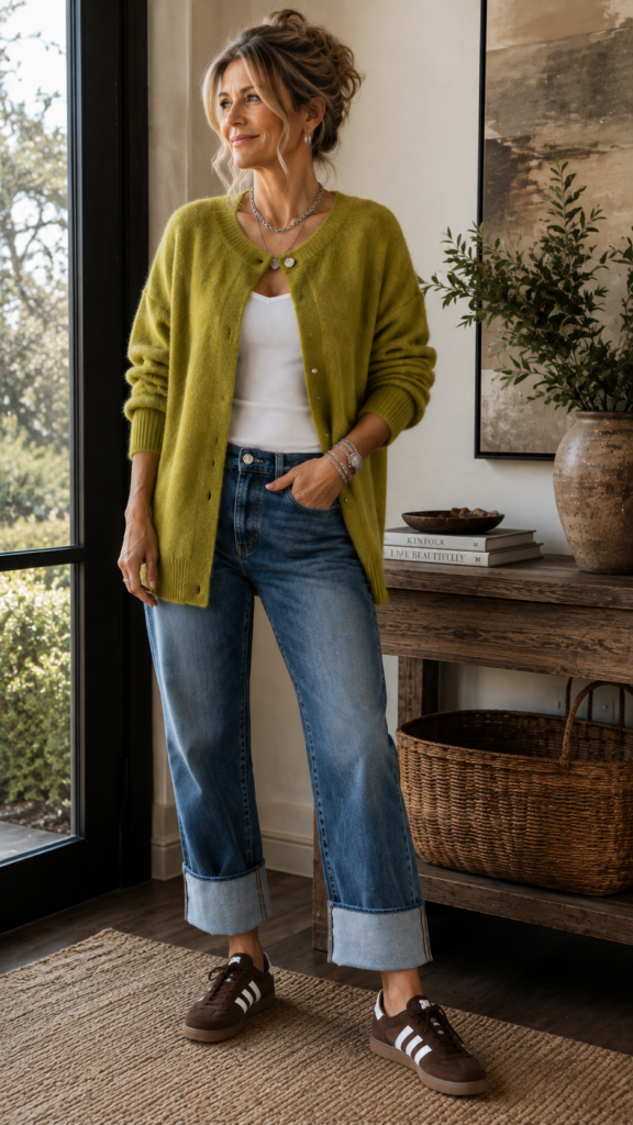Mature woman wearing cuffed wide-leg jeans, brown sneakers, a white tank and oversized chartreuse cardigan with silver jewelry for a casual fall outfit.