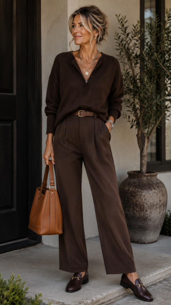 Mature woman wearing a monochromatic espresso brown outfit with wide-leg trousers, knit sweater and loafers, styled with a cognac leather bag for an effortless fall look.