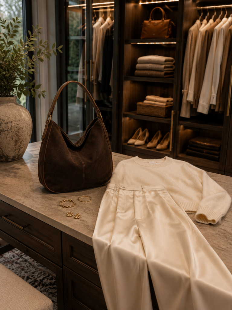 Espresso brown suede handbag styled with cream satin trousers and a cream knit sweater in a warm, elegant walk-in closet.