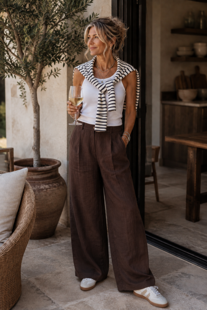Mature woman wearing espresso brown wide-leg linen trousers, a white tank and striped sweater with sneakers while enjoying a glass of wine.