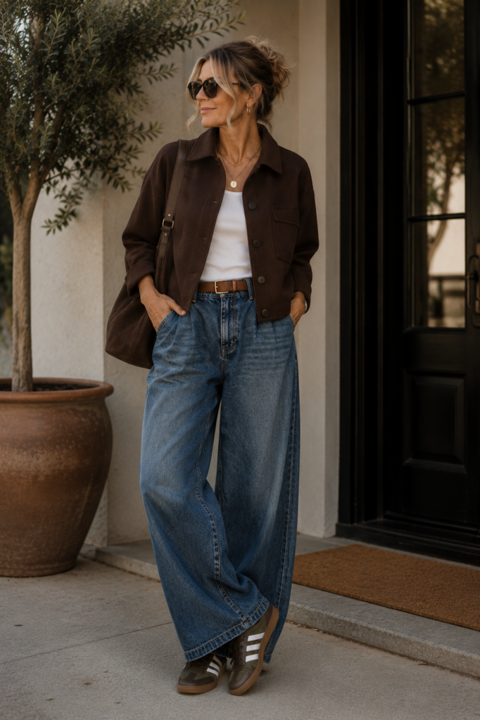 Mature woman wearing a dark brown cropped jacket with relaxed wide-leg jeans, a white tank and brown-and-green retro sneakers for a casual fall outfit.