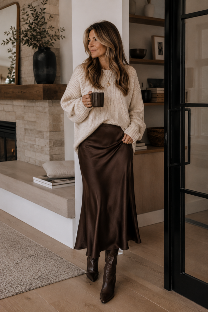 Mature woman wearing an espresso brown satin midi skirt and matching brown boots with an oversized cream chunky knit sweater for an elegant fall outfit.