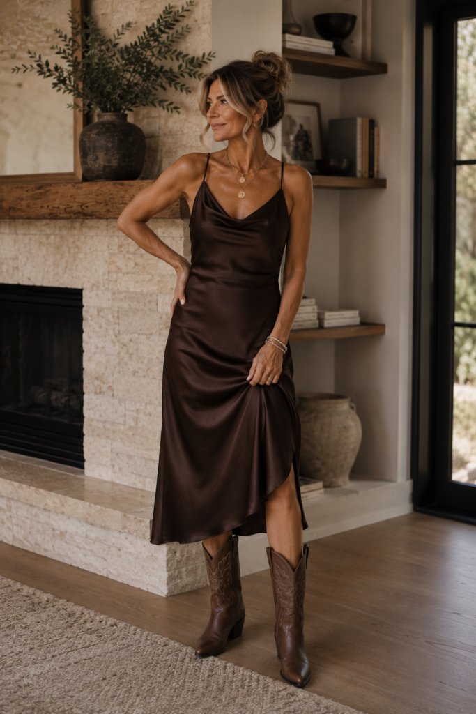 Mature woman wearing an espresso brown satin midi dress with brown cowboy boots, layered gold jewelry and her hair styled in a relaxed updo.