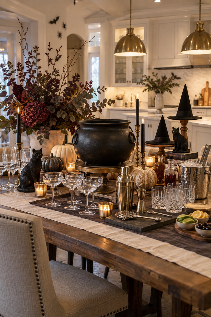 Elegant Halloween bar station on a kitchen table with a raised cauldron, cocktail glasses, neutral pumpkins, candles, witch hats and black cat decor.