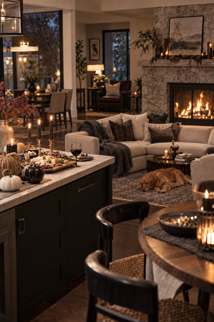 image of a stylish kitchen and sitting area in a beautifully lit home decorated for halloween