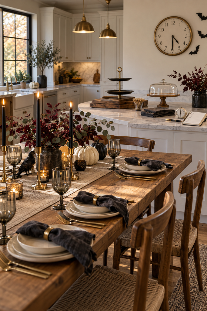 Elegant Halloween dining table prepared in advance with neutral pumpkins, black candles, place settings, serving stands and a late-afternoon wall clock.